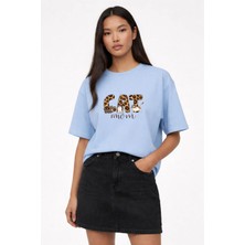 Lorvex Kadın Tişört Oversize Rahat Kalıp Cat Momm Baskılı T-Shirt %100 Pamuklu