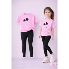Lorvex T-Shirt ve Esnek Tayt Seti Çocuk Takım %100 Pamuk Gülümseyen Kedi Baskılı – Günlük Rahat Spor Kombin