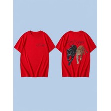 Lorvex Yırtıcı Ikili Baskılı %100 Pamuk Oversize Unisex Tişört Rahat Kesim T-Shirt