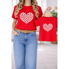 Anne Kız Çocuk Kombin Oversize Tişört – Anne & Çocuk Twin T-Shirt Çiçek Kalp Baskılı