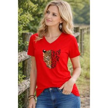 Lorvex Tişört V Yaka Kadın (Rahat Kalıp) Yavru Çita Baskılı T-Shirt