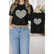 Anne Kız Çocuk Kombin Oversize Tişört – Anne & Çocuk Twin T-Shirt Çiçek Kalp Baskılı