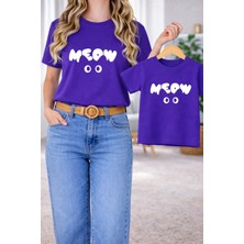 Lorvex Tişört Unısex Çocuk Anne Kombin Oversize – Anne & Çocuk Twin T-Shirt White Meow Baskı