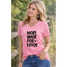 Lorvex V Yaka Tişört Kadın Rahat Kalıp Por Favor Baskılı T-Shirt