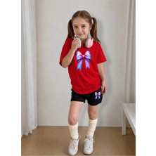 Lorvex Çocuk Şortlu Takım Kız (Şort-T-Shirt) Baskılı Yazlık Spor Kombin Rahat Kalıp Takım