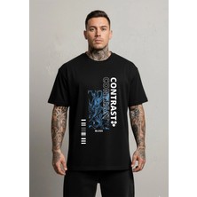 Lorvex Contrast Yazı Baskılı Oversize Pamuklu Siyah Erkek Tshirt-Tişört