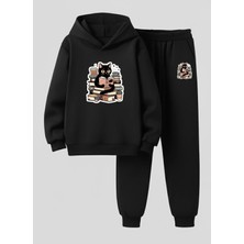 Lorvex Unısex Çocuk Sweatshirt-Eşofman Takım (Kapüşonlu) Kitap Okuyan Kedi Baskılı 3 Iplik Şardonlu