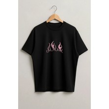 Lorvex Kırmızı Alev Baskılı Oversize Unisex %100 Pamuklu Tshirt-Tişört