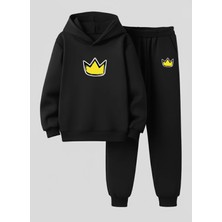 Lorvex Sweatshirt-Eşofman Takım Çocuk (Kapüşonlu) Sarı Kral Tacı Baskılı 3 Iplik Şardonlu
