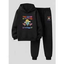 Lorvex Unısex Çocuk Kapüşonlu Takım Let Yesterday Baskılı 3 Iplik Şardonlu Sweatshirt-Eşofman Takım
