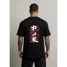 Lorvex Ejderha Sırt Baskılı Oversize Unisex Pamuklu Siyah Tshirt-Tişört