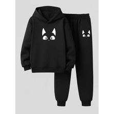 Lorvex Çocuk Takım Sweatshirt-Eşofman (Kapüşonlu) Meraklı Kedi Baskılı 3 Iplik Şardonlu