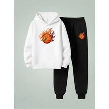 Lorvex Erkek Çocuk Kapüşonlu Takım Yanan Basket Topu Baskılı 3 Iplik Şardonlu Sweatshirt-Eşofman Takım