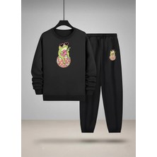 Lorvex Çocuk Sweatshirt-Eşofman Takım Bisiklet Yaka Müzik Çalan Kurbağa Baskılı 3 Iplik Şardonlu