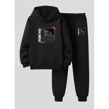 Lorvex Çocuk Kapüşonlu Takım Sweatshirt-Eşofman Tokyo Desen Baskılı 3 Iplik Şardonlu