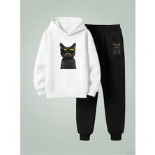 Lorvex Unısex Çocuk (Kapüşonlu) Sweatshirt-Eşofman Takım Siyah Kedi Baskılı 3 Iplik Şardonlu