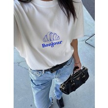Lorvex Bonjour Kruvasan Baskılı Oversize Kadın Pamuklu Tshirt-Tişört