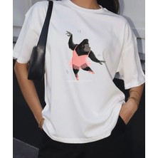 Lorvex Balerin Maymun Baskılı Oversize Pamuklu Unisex Tshirt-Tişört