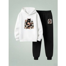 Lorvex Unısex Çocuk Sweatshirt-Eşofman Takım (Kapüşonlu) Kitap Okuyan Kedi Baskılı 3 Iplik Şardonlu