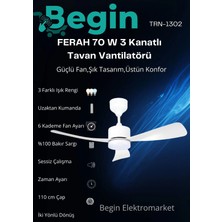 Begin Ferah 70W 3 Kanatlı LED Işıklı Tavan Vantilatör Uzaktan Kumandalı Beyaz