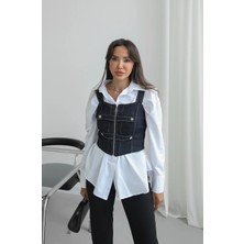 Havoş Lacivert Fermuar ve Çıtçıt Detaylı Denim Bluz