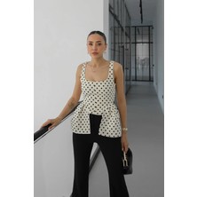 Havoş Ekru Peplum Detaylı Puantiyeli Bluz