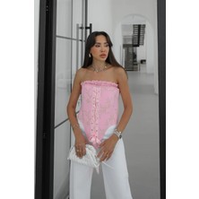 Havoş Pembe Kurdele Detaylı Desenli Korse Bluz