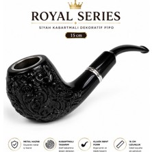 Han Tobacco Royal Series Siyah Kabartmalı Dekoratif Pipo 15 cm | Metal Hazneli Premium Bent Tasarım