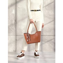 Sargınlar Kadın Fularlı Taba Renk Fermuarlı Mıknatıs Kapamalı Shopper El ve Omuz Çantası