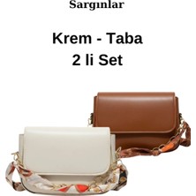 Sargınlar Zincir Detaylı Fularlı Krem-Taba 2li Set El ve Omuz Çantası