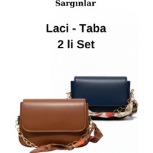 Sargınlar Zincir Detaylı Fularlı Lacivert Taba 2li Set El ve Omuz Çantası