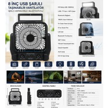Hobilinka 8 Inç Solar Kamp Vantilatörü Fm Radyolu Bluetooth Hoparlörlü LED Işıklı PD950
