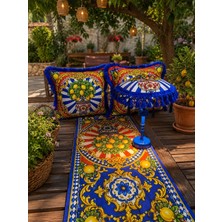 Missidea Limona Blue Bohem Ledli  Bali Şemsiyesi Seti (Led\'li Şemsiye + 2 Adet Kırlent + Runner)