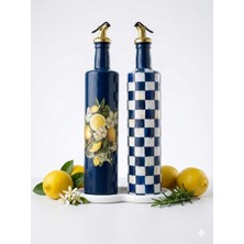 Mes Reves Büyük Boy 2'li Cam Yağdanlık Sirkelik Seti 750 ml - El Yapımı Limon ve Damalı Desenli Lacivert Set