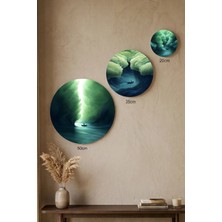 Visdora 3'lü Yuvarlak Kanvas Tablo Seti - 50CM 35CM 20CM Modern Ev Ofis Duvar Dekoru Yeşil Mistik Dalgalar ve Sandal Temalı - Canvas Tablo