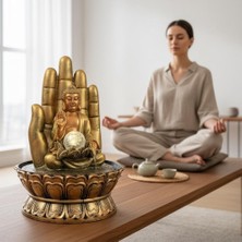 Hediyesahibi Dekoratif Büyük Boy Buda El Figürlü Masaüstü Şelale LED Işıklı Zen Su Çeşmesi Meditasyon Dekoru 40CM