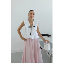 Havoş Beyaz Yakası Pliseli Bağlamalı Bluz