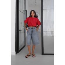 Havoş Mavi Yanları Cepli Kapri Denim Şort