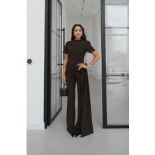 Havoş Kahverengi Yanı Kuşak Detaylı Bluz Pantolon Takım