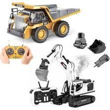 Get Store Uzaktan Kumandalı Iş Makineleri Seti 2 Si 1 Arada Metal 3 Başlıklı Ekskavatör ve Metal Kasalı Kamyon Damperli 2.4 Ghz Kumanda Sesli Işıklı Şarjlı Full Fonksiyon Iş Makineleri