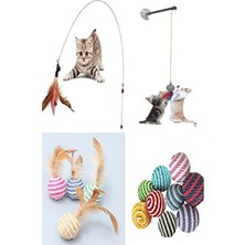 Aesco 4'lü Kedi Oyun Seti: Ip Sarma Top, Vantuzlu Oltası, Tüylü Top ve 90 cm Olta