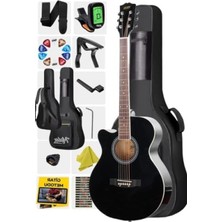 Aesco Kesik Kasa Siyah Akustik Gitar, 4/4 Yetişkin Modeli