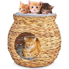 Aesco Doğal Hasırdan El Yapımı Çift Katlı Kedi ve Köpek Yuvası, Yumuşak Minderli, 48X48X45 cm