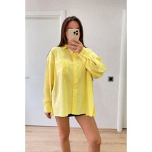 Kadın Oversize Pens Detaylı Cepli Yırtmaçlı Rahat Kalıp Poplin Gömlek - Sarı Mariposa Secret