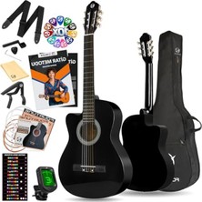 Aesco 4/4 Kesik Kasa Siyah Klasik Gitar Seti, Sap Ayarlı