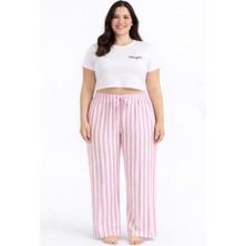 Melonika Viskon Pamuklu Kadın Büyük Beden Pudra Pembe Çizgili Pijama Pantolon - BRF004 - Mlnk