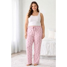 Melonika Viskon Pamuklu Kadın Büyük Beden Açık Pembe Desenli Pijama Pantolon - BRF007 - Mlnk