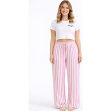 Melonika Viskon Pamuklu Kadın Pudra Pembe Çizgili Pijama Pantolon - MG004 - Mlnk
