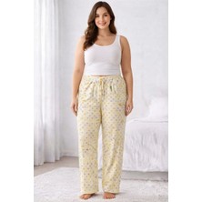 Melonika Viskon Pamuklu Kadın Büyük Beden Açık Sarı Desenli Pijama Pantolon - BRF010 - Mlnk
