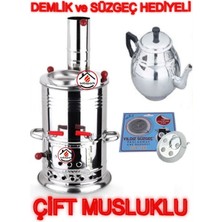 Empressco Odunlu Kömürlü Çift Musluklu Paslanmaz Semaver ve Demlik Seti 5 Lt